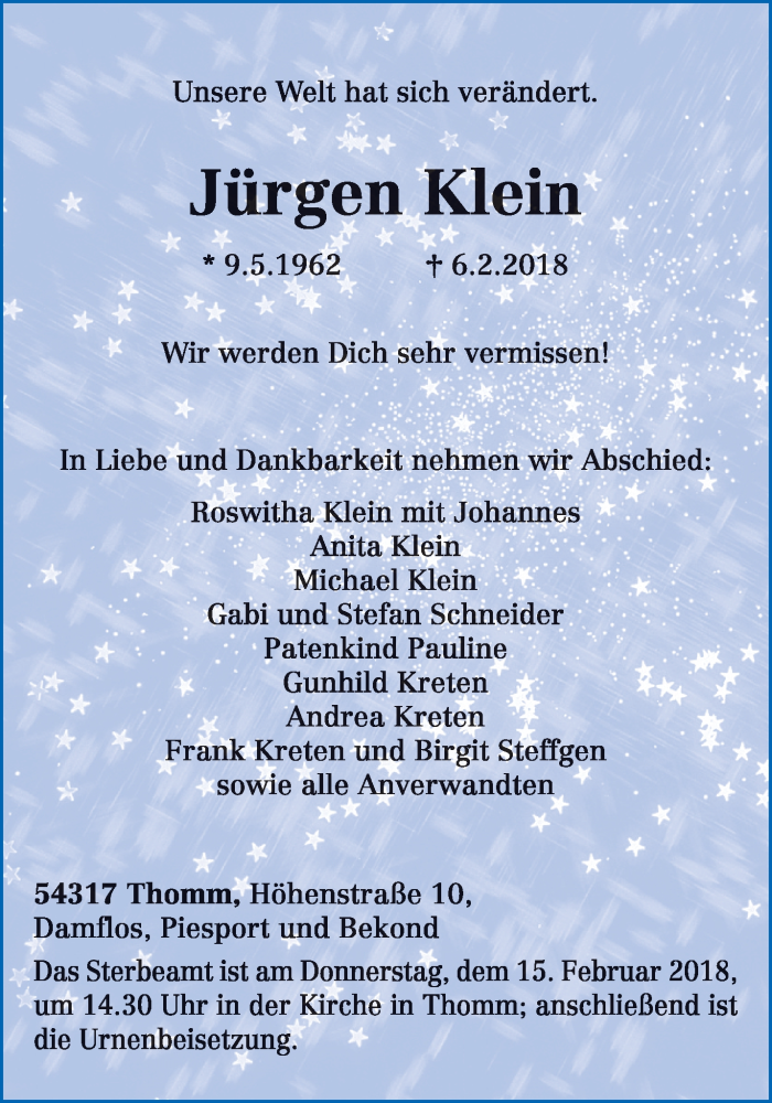  Traueranzeige für Jürgen Klein vom 10.02.2018 aus trierischer_volksfreund