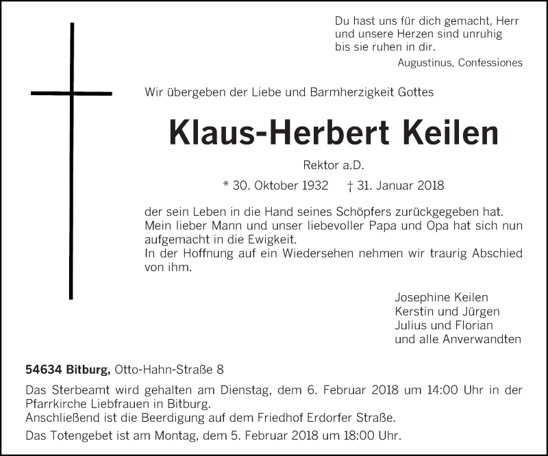  Traueranzeige für Klaus-Herbert Keilen vom 03.02.2018 aus trierischer_volksfreund