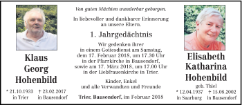 Traueranzeige von Klaus Georg und Elisabeth Katharina Hohenbild von trierischer_volksfreund