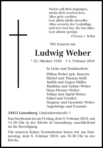 Traueranzeige von Ludwig Weber von trierischer_volksfreund