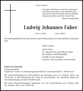 Traueranzeige von Ludwig Johannes Faber von trierischer_volksfreund