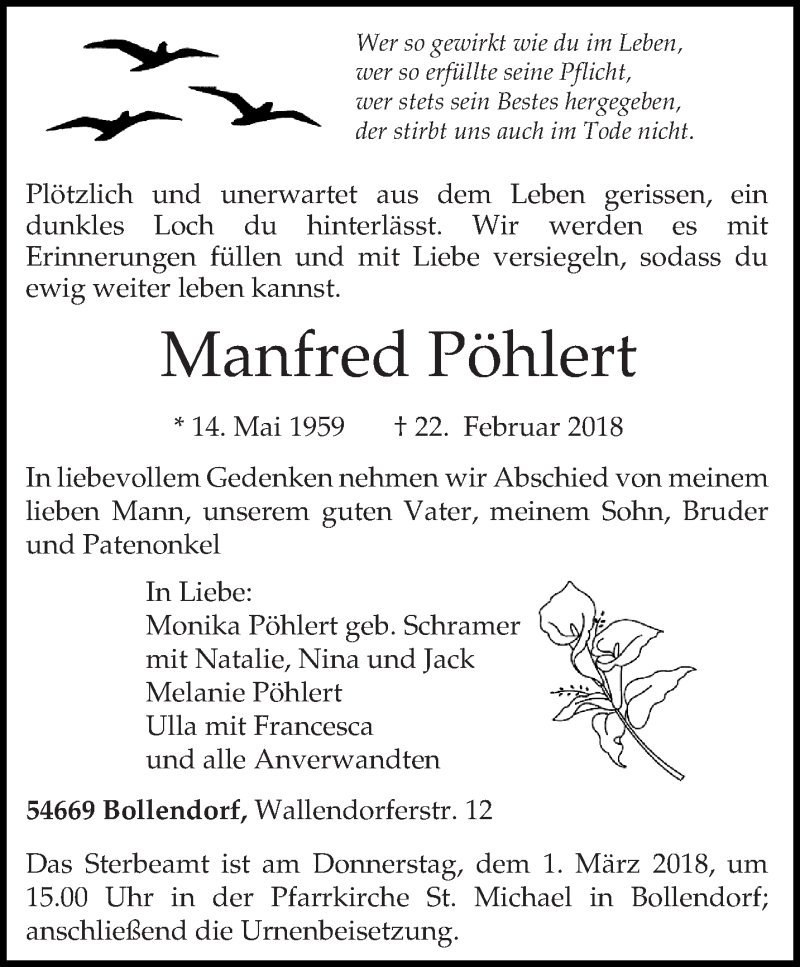  Traueranzeige für Manfred Pöhlert vom 26.02.2018 aus trierischer_volksfreund