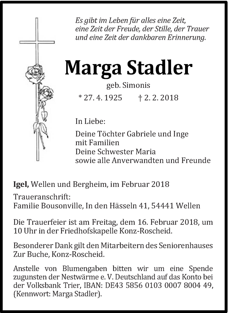 Traueranzeige für Marga Stadler vom 10.02.2018 aus trierischer_volksfreund