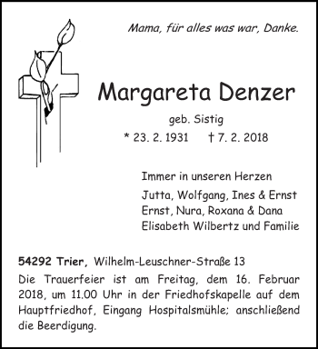 Traueranzeige von Margareta Denzer von trierischer_volksfreund