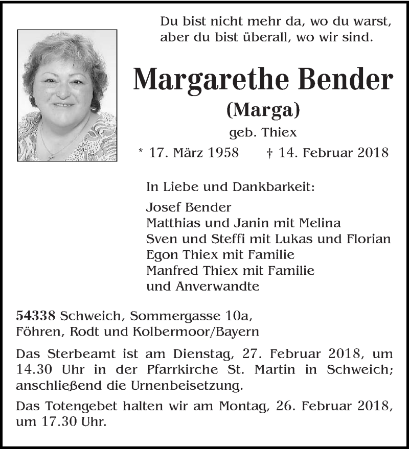  Traueranzeige für Margarethe Bender vom 21.02.2018 aus trierischer_volksfreund