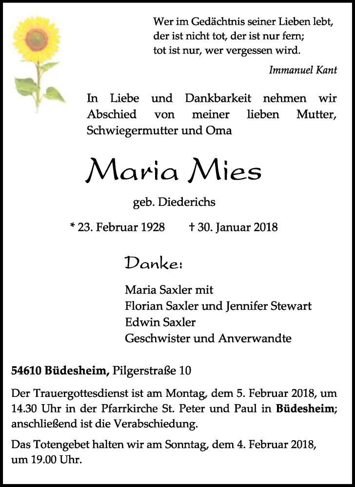  Traueranzeige für Maria Mies vom 01.02.2018 aus trierischer_volksfreund