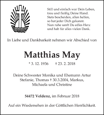 Traueranzeige von Matthias May von trierischer_volksfreund