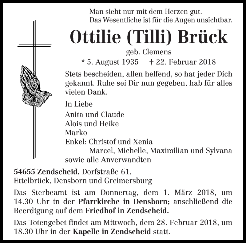  Traueranzeige für Ottilie Tilli Brück vom 26.02.2018 aus trierischer_volksfreund