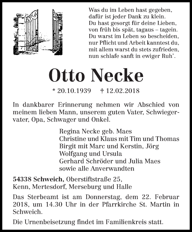  Traueranzeige für Otto Necke vom 17.02.2018 aus trierischer_volksfreund