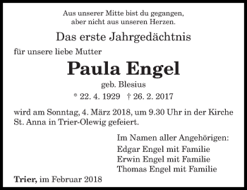 Traueranzeige von Paula Engel von trierischer_volksfreund