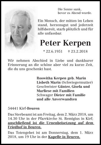 Traueranzeige von Peter Kerpen von trierischer_volksfreund