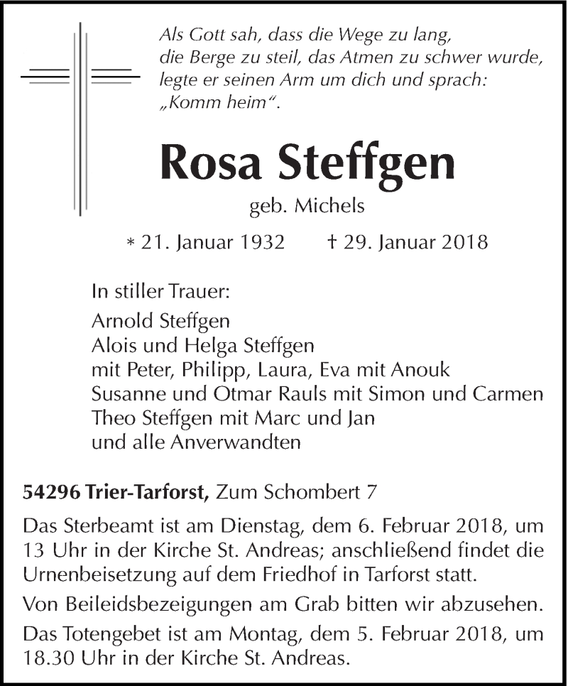  Traueranzeige für Rosa Steffgen vom 03.02.2018 aus trierischer_volksfreund