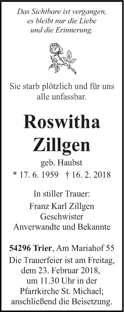  Traueranzeige für Roswitha Zillgen vom 20.02.2018 aus trierischer_volksfreund