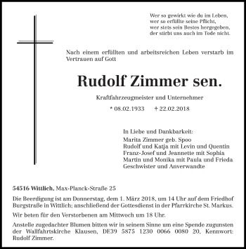Traueranzeige von Rudolf Zimmer von trierischer_volksfreund