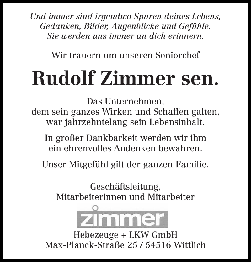  Traueranzeige für Rudolf Zimmer vom 24.02.2018 aus trierischer_volksfreund