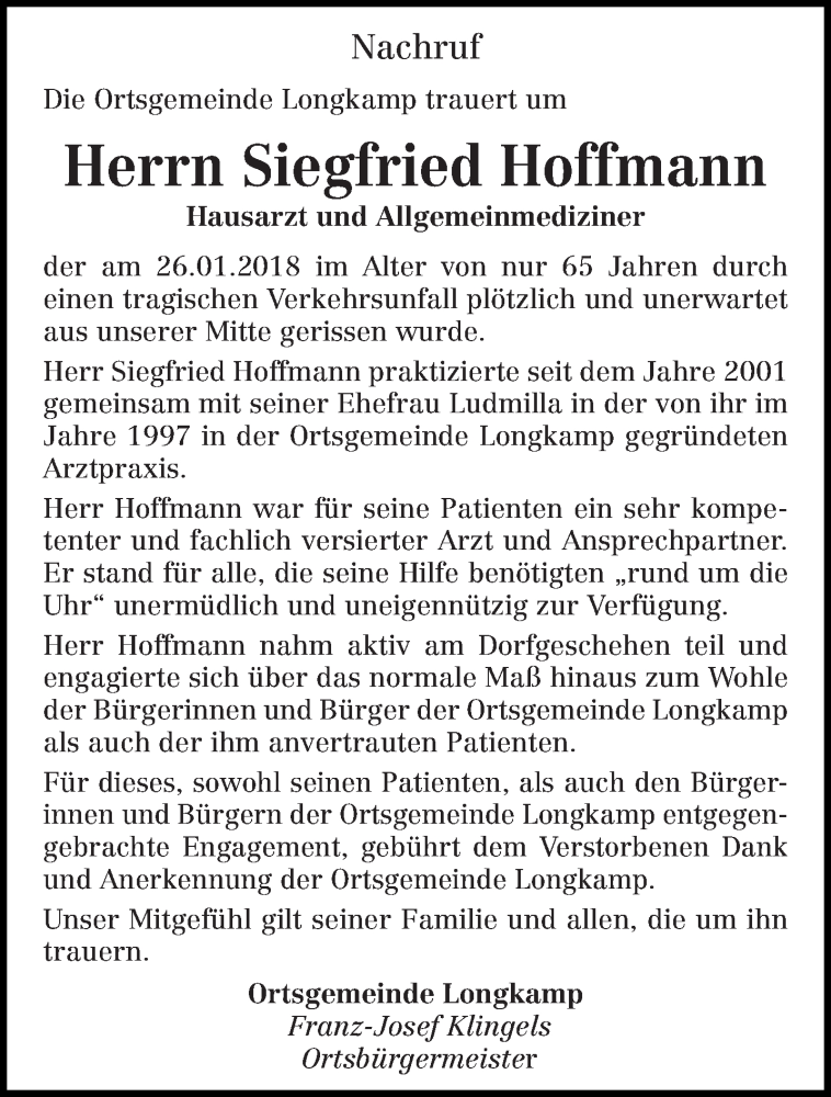  Traueranzeige für Siegfried Hoffmann vom 31.01.2018 aus trierischer_volksfreund