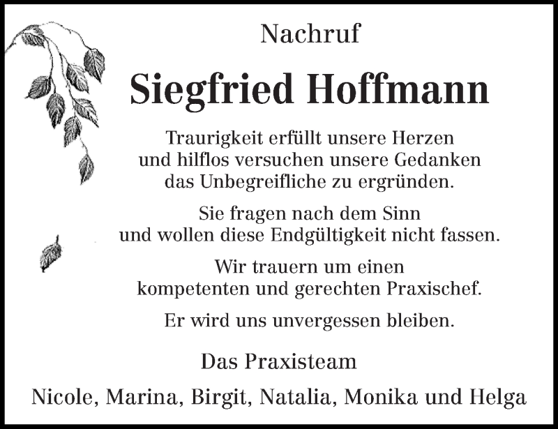  Traueranzeige für Siegfried Hoffmann vom 31.01.2018 aus trierischer_volksfreund