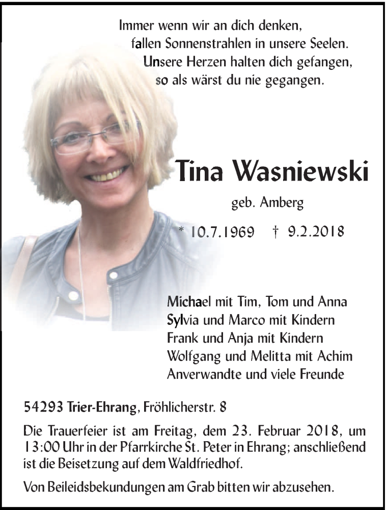  Traueranzeige für Tina Wasniewski vom 19.02.2018 aus trierischer_volksfreund