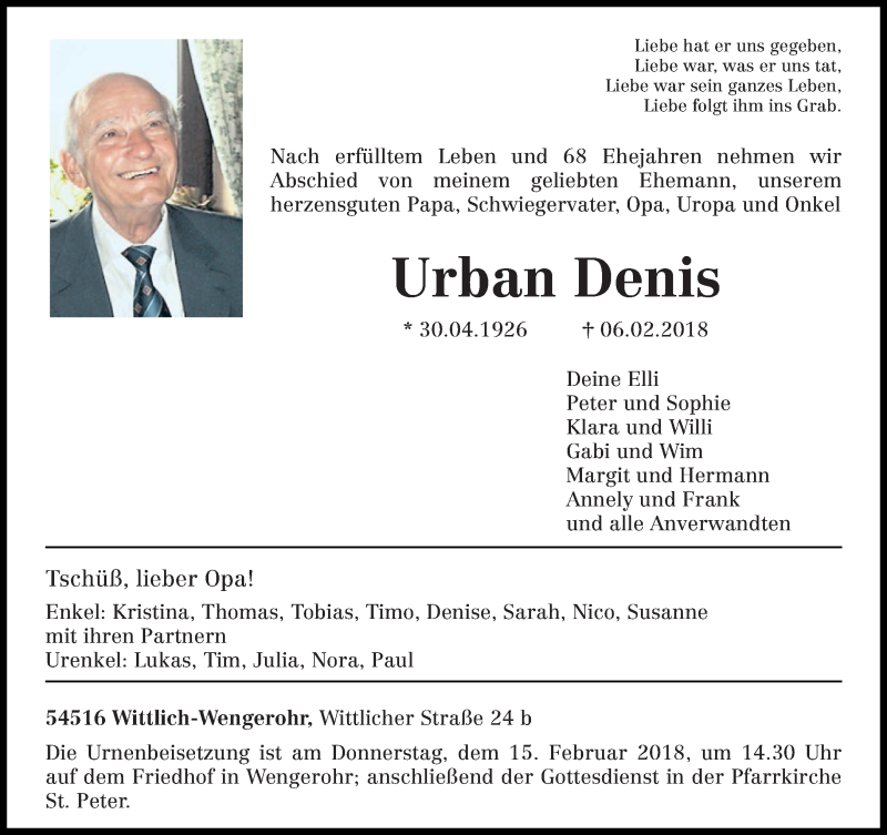  Traueranzeige für Urban Denis vom 10.02.2018 aus trierischer_volksfreund