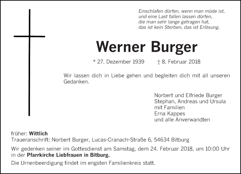  Traueranzeige für Werner Burger vom 17.02.2018 aus trierischer_volksfreund