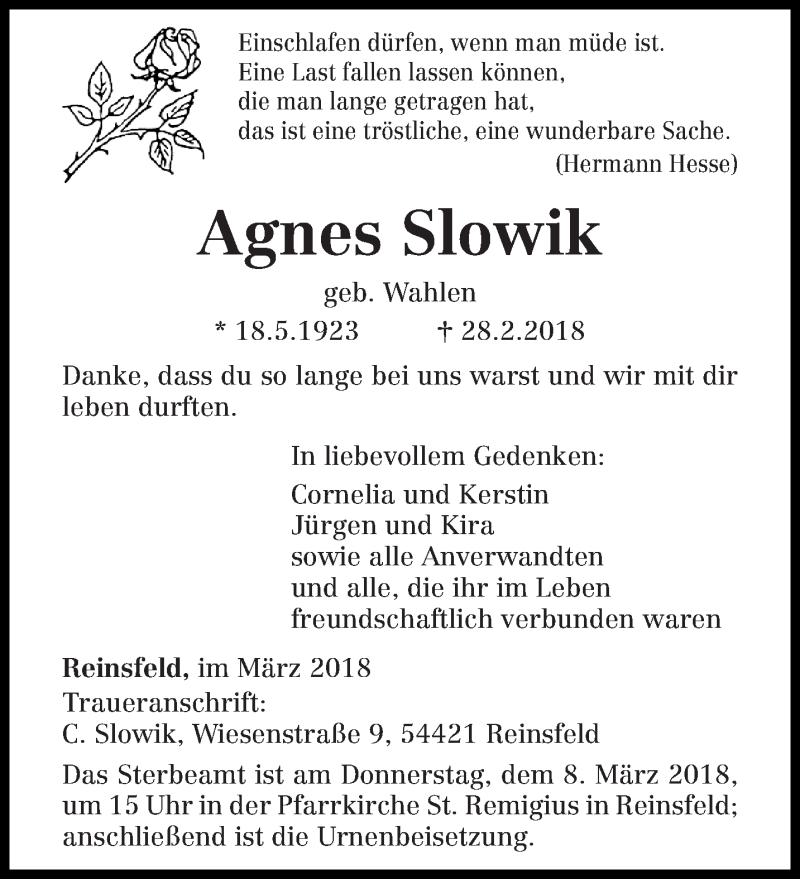  Traueranzeige für Agnes Slowik vom 05.03.2018 aus trierischer_volksfreund
