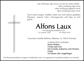 Traueranzeige von Alfons Laux von trierischer_volksfreund
