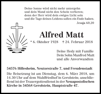 Traueranzeige von Alfred Matt von trierischer_volksfreund