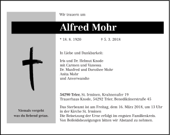 Traueranzeige von Alfred Mohr von trierischer_volksfreund