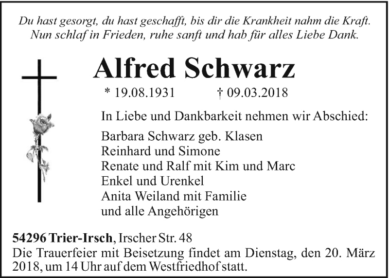  Traueranzeige für Alfred Schwarz vom 14.03.2018 aus trierischer_volksfreund
