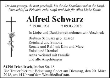 Traueranzeige von Alfred Schwarz von trierischer_volksfreund