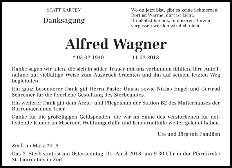  Traueranzeige für Alfred Wagner vom 24.03.2018 aus trierischer_volksfreund