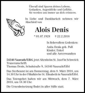 Traueranzeige von Alois Denis von trierischer_volksfreund