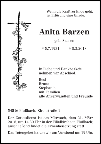 Traueranzeige von Anita Barzen von trierischer_volksfreund
