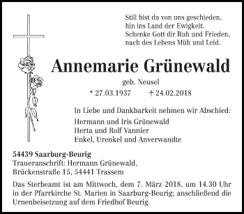 Traueranzeige von Annemarie Grünewald von trierischer_volksfreund