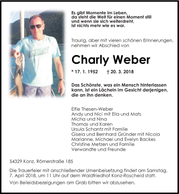 Traueranzeige von Charly Weber von trierischer_volksfreund