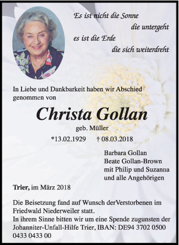 Traueranzeige von Christa Gollan von trierischer_volksfreund