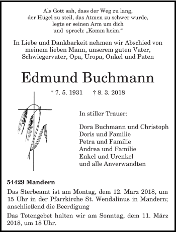 Traueranzeige von Edmund Buchmann von trierischer_volksfreund