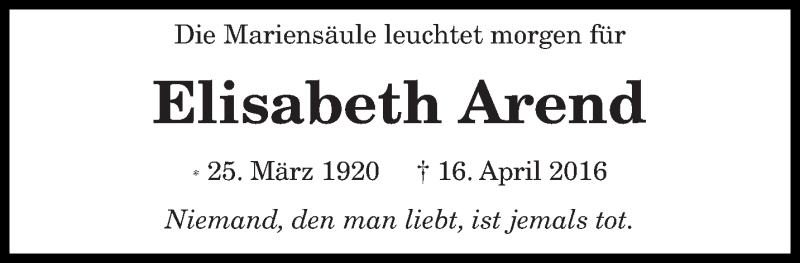  Traueranzeige für Elisabeth Arend vom 24.03.2018 aus trierischer_volksfreund