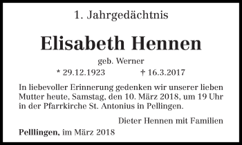 Traueranzeige von Elisabeth Hennen von trierischer_volksfreund