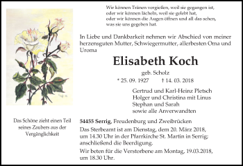Traueranzeige von Elisabeth Koch von trierischer_volksfreund