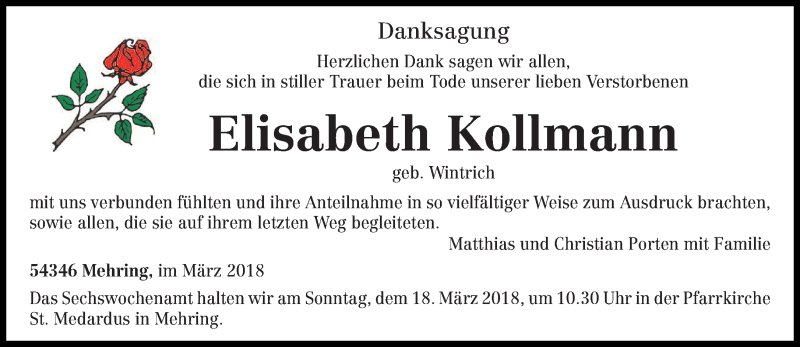  Traueranzeige für Elisabeth Kollmann vom 14.03.2018 aus trierischer_volksfreund