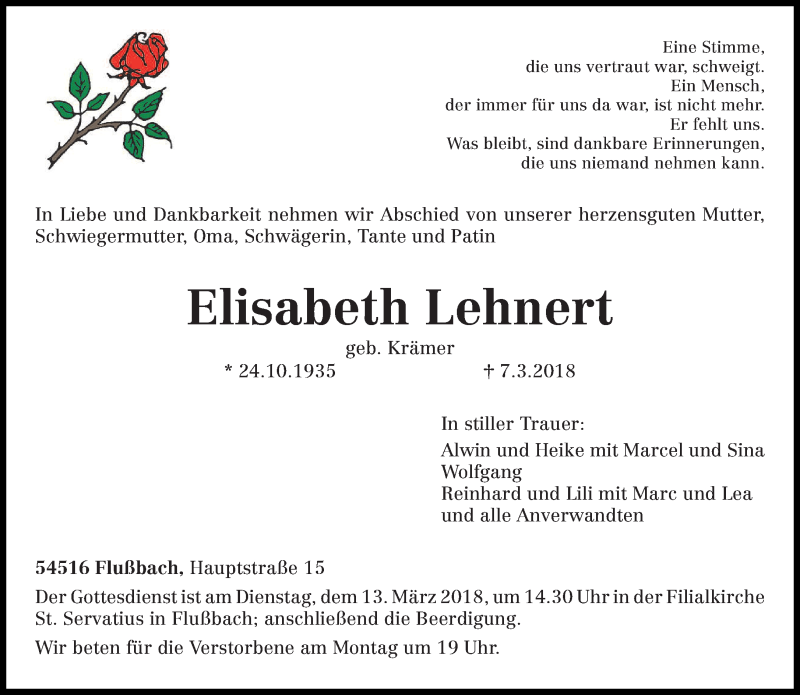  Traueranzeige für Elisabeth Lehnert vom 10.03.2018 aus trierischer_volksfreund