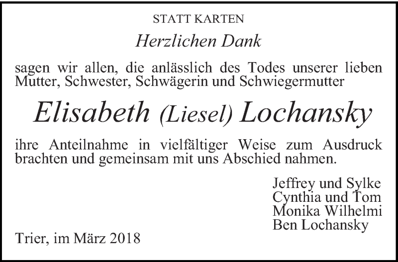  Traueranzeige für Elisabeth Lochansky vom 17.03.2018 aus trierischer_volksfreund