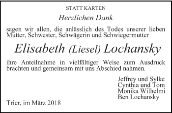 Traueranzeige von Elisabeth Lochansky von trierischer_volksfreund