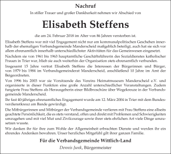 Traueranzeige von Elisabeth Steffens von trierischer_volksfreund