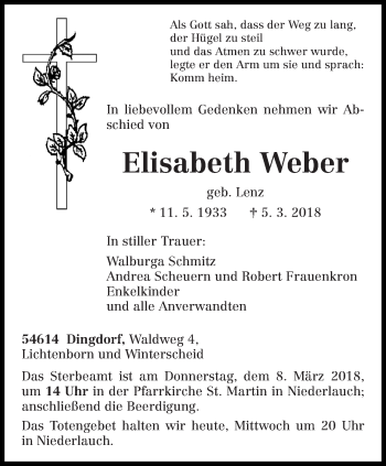 Traueranzeige von Elisabeth Weber von trierischer_volksfreund