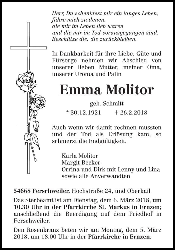  Traueranzeige für Emma Molitor vom 01.03.2018 aus trierischer_volksfreund