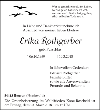 Traueranzeige von Erika Rothgerber von trierischer_volksfreund