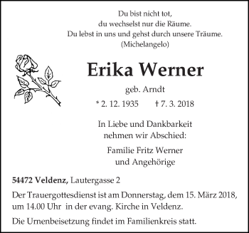 Traueranzeige von Erika Werner von trierischer_volksfreund