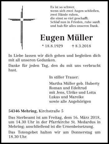 Traueranzeige von Eugen Müller von trierischer_volksfreund